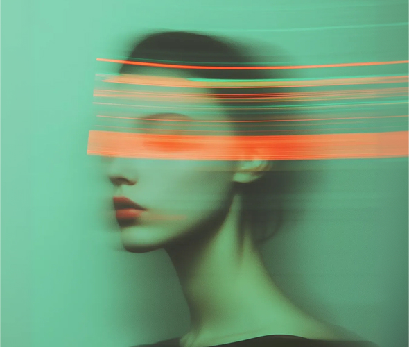 Blurred side profile of a woman with dark hair against a green background, with horizontal orange light streaks across her face.